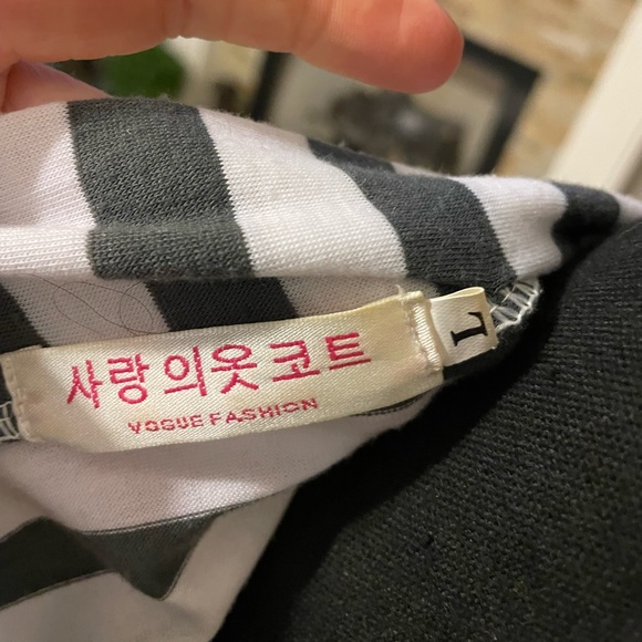 Grey & white striped cardigan leather elbow pads Sz L - Picture 6 of 7